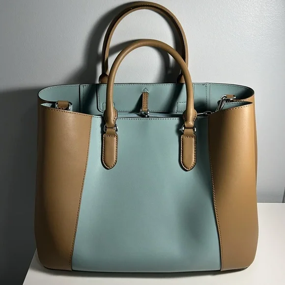 Lauren Ralph Lauren Dryden Marcy Tote Bag Colorblock Blue Tan - Picture 2 of 11